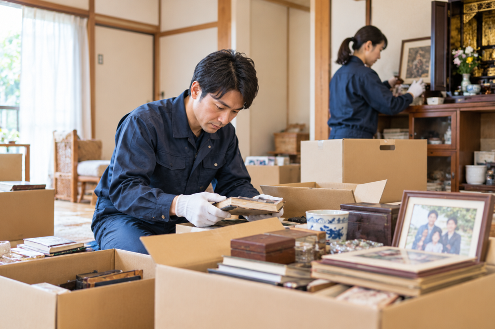 明るく落ち着いた室内で家財を整理している様子